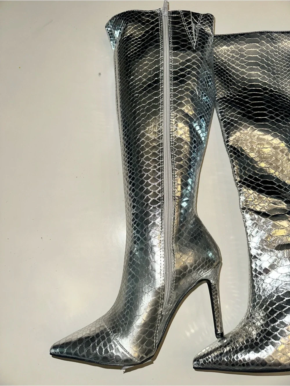 I.N.C Silver Metallic Knee-High Pointed Stiletto Boots INC MACYS New